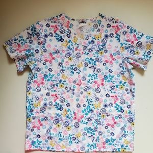 Floral & Butterfly Spring Delight Nurses Top scrub v-neck spring cheerful